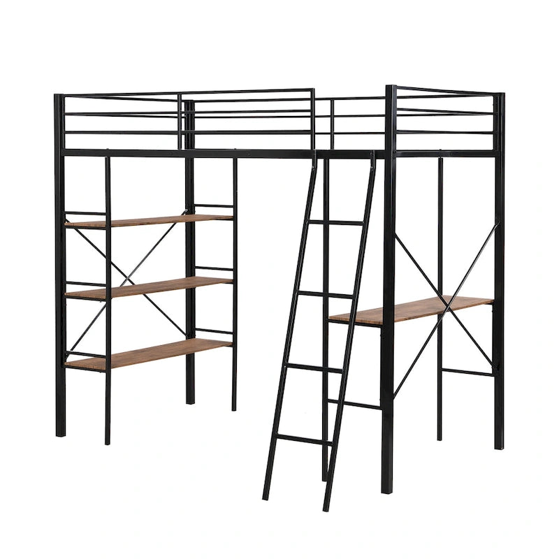 Black Twin Metal Loft Bed with Shelves and Desk for Kids