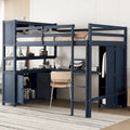 Dark Blue Full Pine Wood Loft Bed with Cabinet, Bookshelf, Wardrobe, Desk