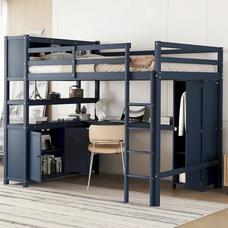 Dark Blue Full Pine Wood Loft Bed with Cabinet, Bookshelf, Wardrobe, Desk