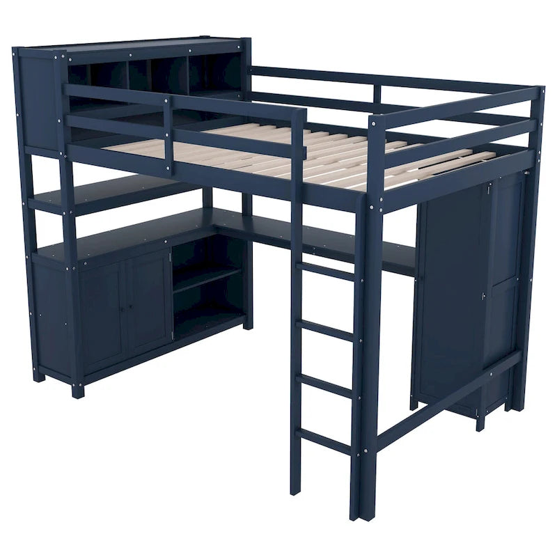Dark Blue Full Size Pine Wood Loft Bed with Cabinet and Bookshelf, Wardrobe and Desk for Kids