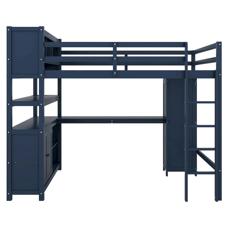 Dark Blue Full Pine Wood Loft Bed with Cabinet, Bookshelf, Wardrobe, Desk