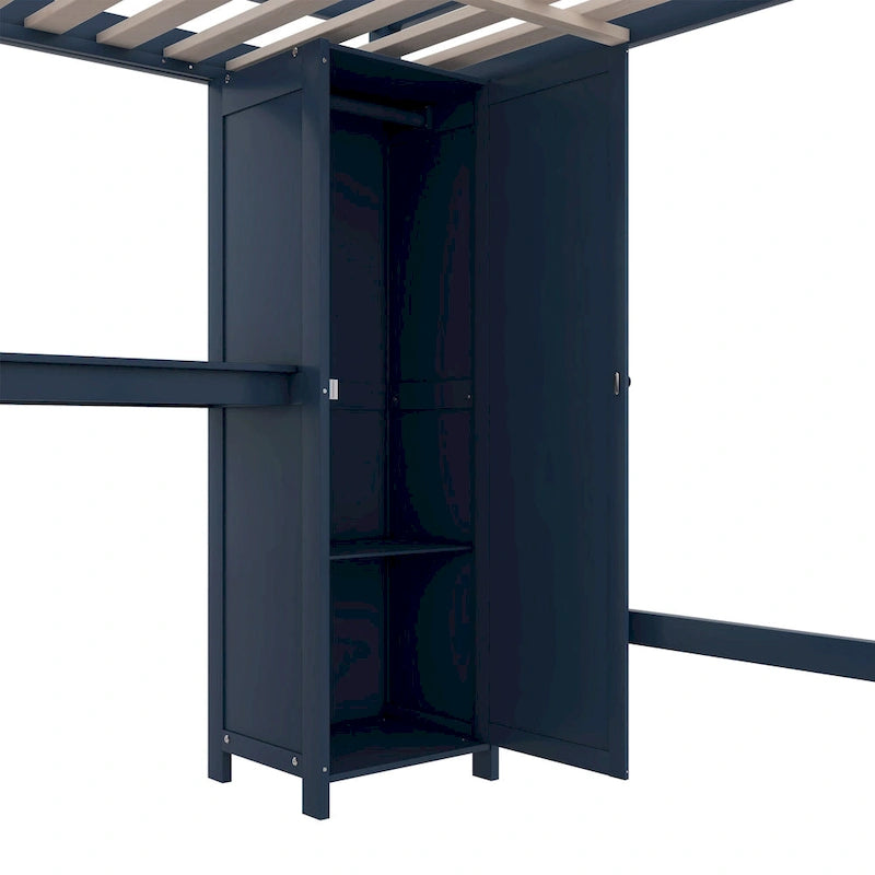 Dark Blue Full Pine Wood Loft Bed with Cabinet, Bookshelf, Wardrobe, Desk