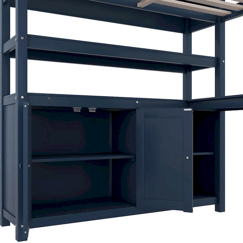 Dark Blue Full Pine Wood Loft Bed with Cabinet, Bookshelf, Wardrobe, Desk