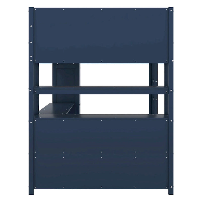 Dark Blue Full Pine Wood Loft Bed with Cabinet, Bookshelf, Wardrobe, Desk