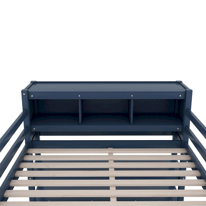 Dark Blue Full Pine Wood Loft Bed with Cabinet, Bookshelf, Wardrobe, Desk
