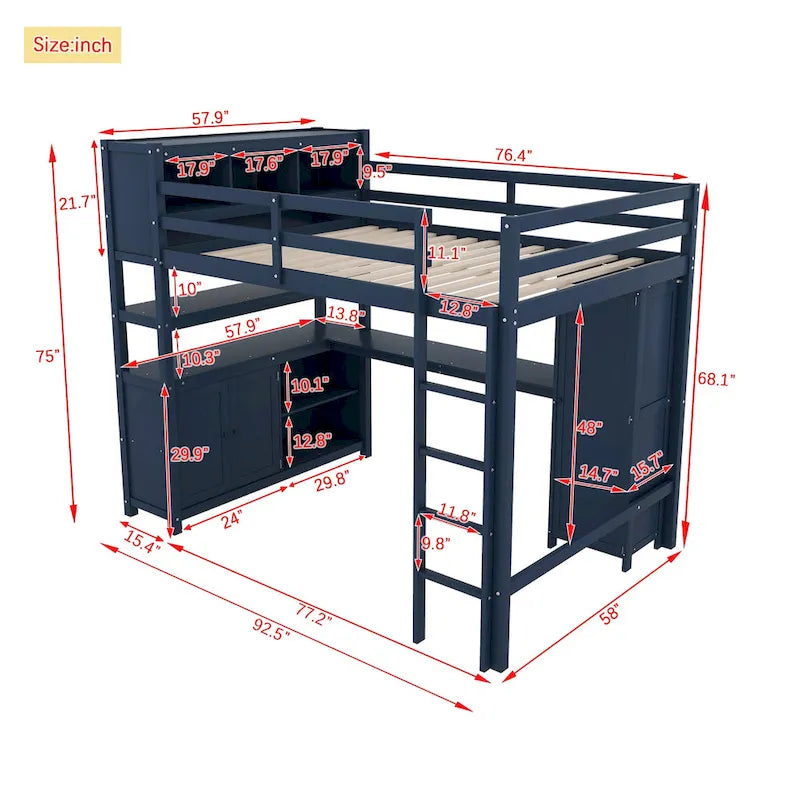 Dark Blue Full Pine Wood Loft Bed with Cabinet, Bookshelf, Wardrobe, Desk