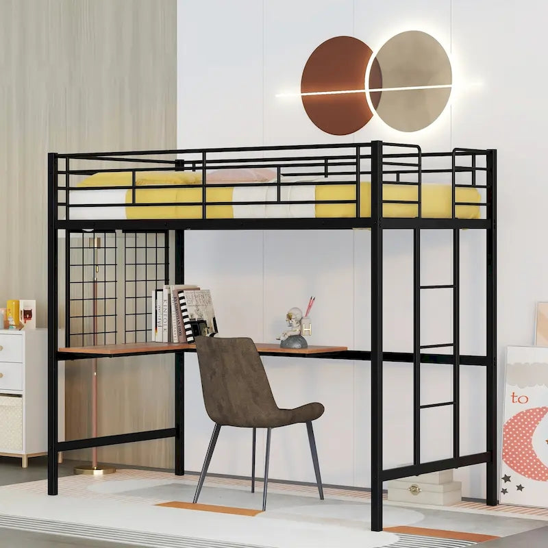 Black Twin Metal Loft Bed with Desk, Ladder, and Metal Grid