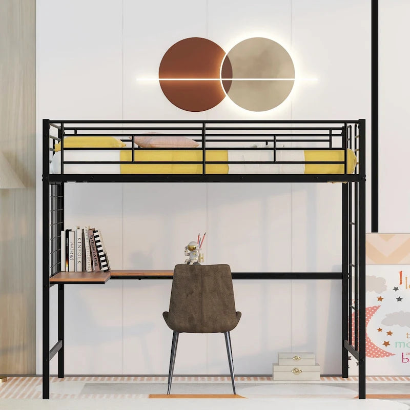 Black Twin Size Metal Loft Bed with Desk, Ladder and Metal Grid for Kids, Teens, Girls, Boys