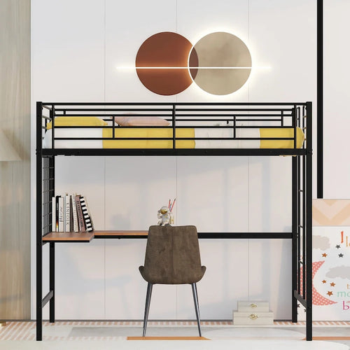 Black Twin Size Metal Loft Bed with Desk, Ladder and Metal Grid for Kids, Teens, Girls, Boys