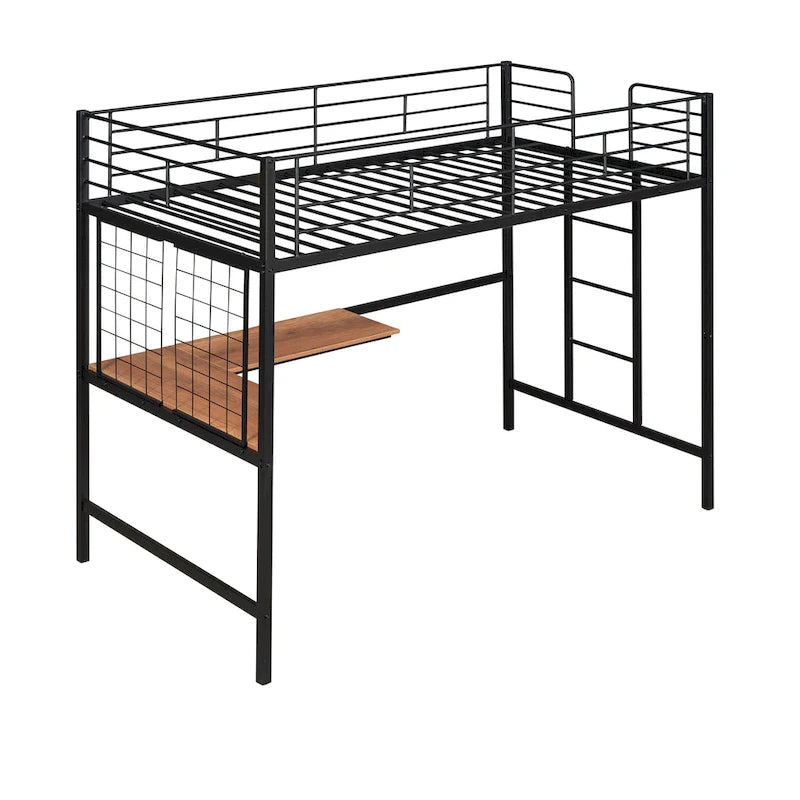 Black Twin Metal Loft Bed with Desk, Ladder, and Metal Grid
