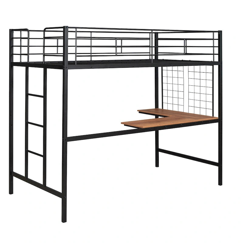 Black Twin Metal Loft Bed with Desk, Ladder, and Metal Grid