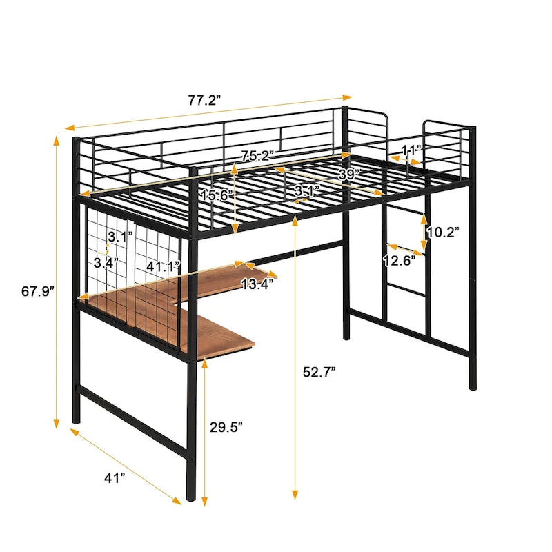 Black Twin Metal Loft Bed with Desk, Ladder, and Metal Grid