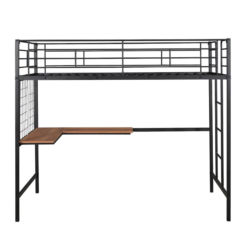 Black Twin Metal Loft Bed with Desk, Ladder, and Metal Grid