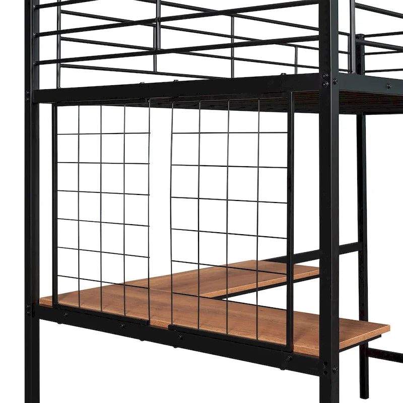 Black Twin Metal Loft Bed with Desk, Ladder, and Metal Grid