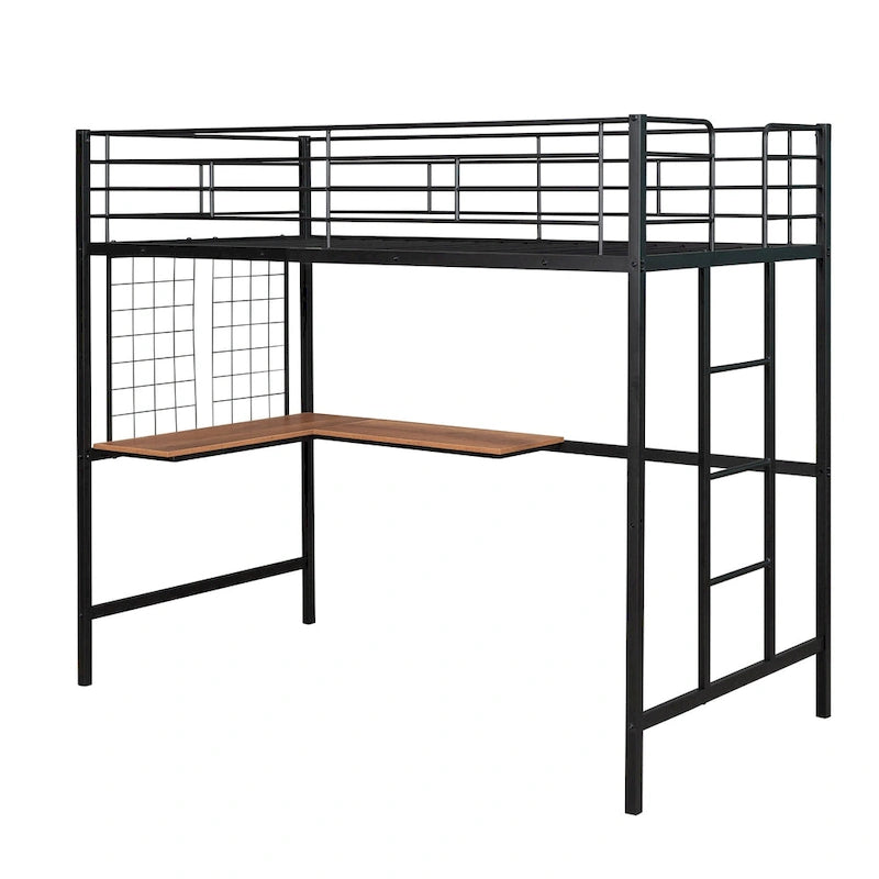 Black Twin Metal Loft Bed with Desk, Ladder, and Metal Grid