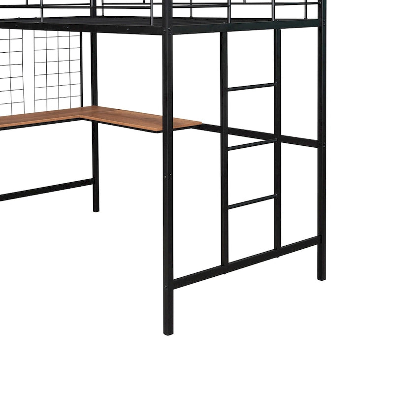 Black Twin Metal Loft Bed with Desk, Ladder, and Metal Grid