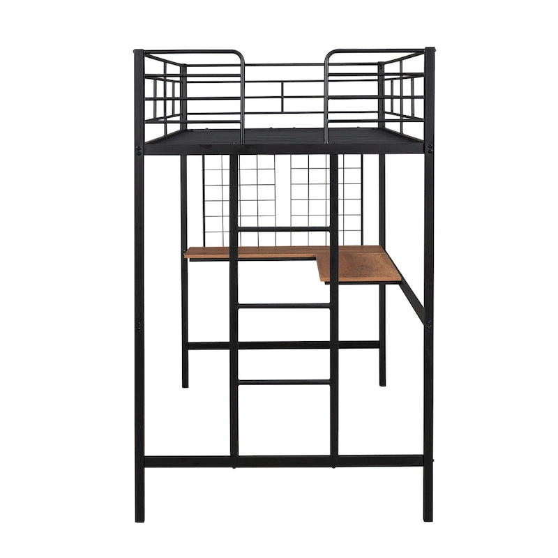 Black Twin Metal Loft Bed with Desk, Ladder, and Metal Grid