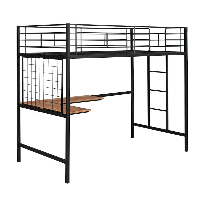 Black Twin Metal Loft Bed with Desk, Ladder, and Metal Grid