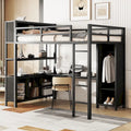 Black Full Metal Loft Bed with Wardrobe, L-Shaped Desk, Storage Cubes
