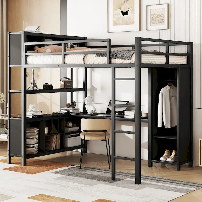 Black Full Size Metal Loft Bed with Wardrobe And L-shaped Desk, Storage Cubes and Shelves for Kids, Teens, Adults