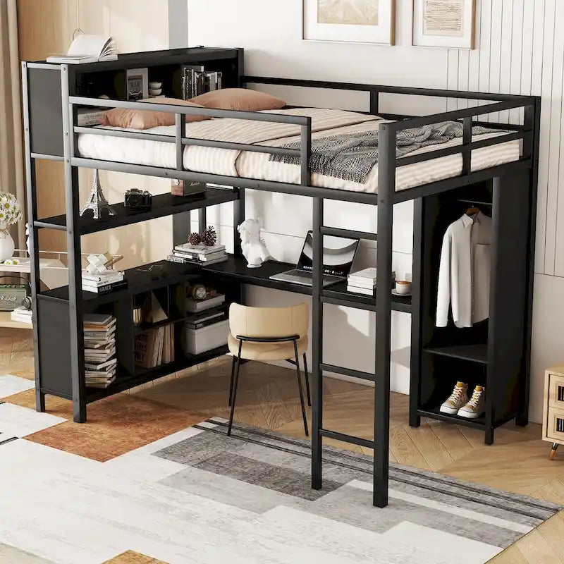 Black Full Metal Loft Bed with Wardrobe, L-Shaped Desk, Storage Cubes