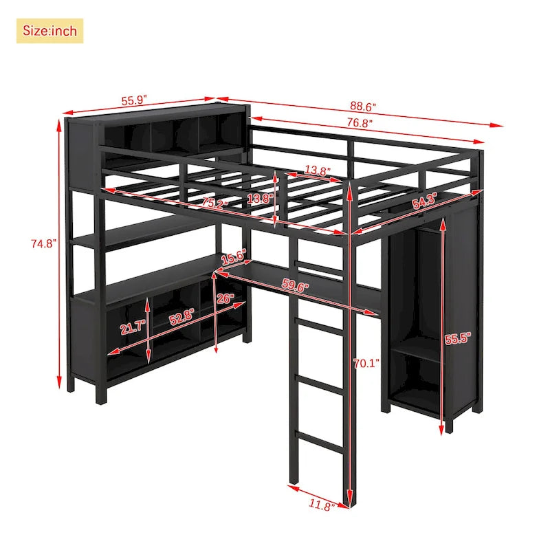 Black Full Metal Loft Bed with Wardrobe, L-Shaped Desk, Storage Cubes