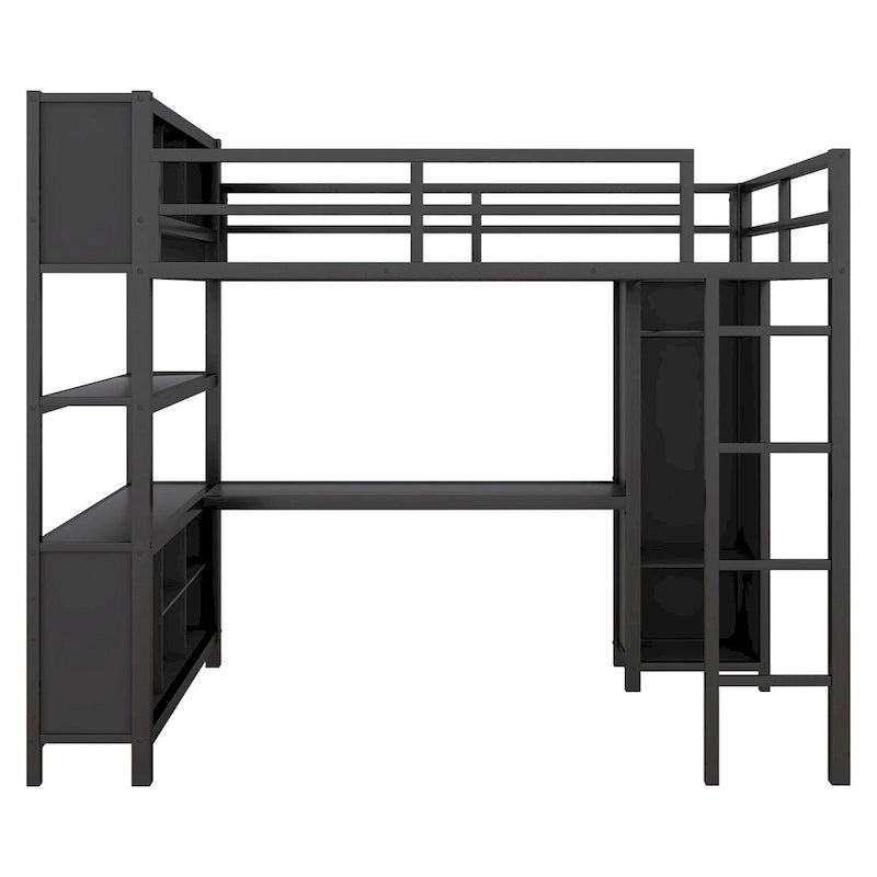 Black Full Metal Loft Bed with Wardrobe, L-Shaped Desk, Storage Cubes