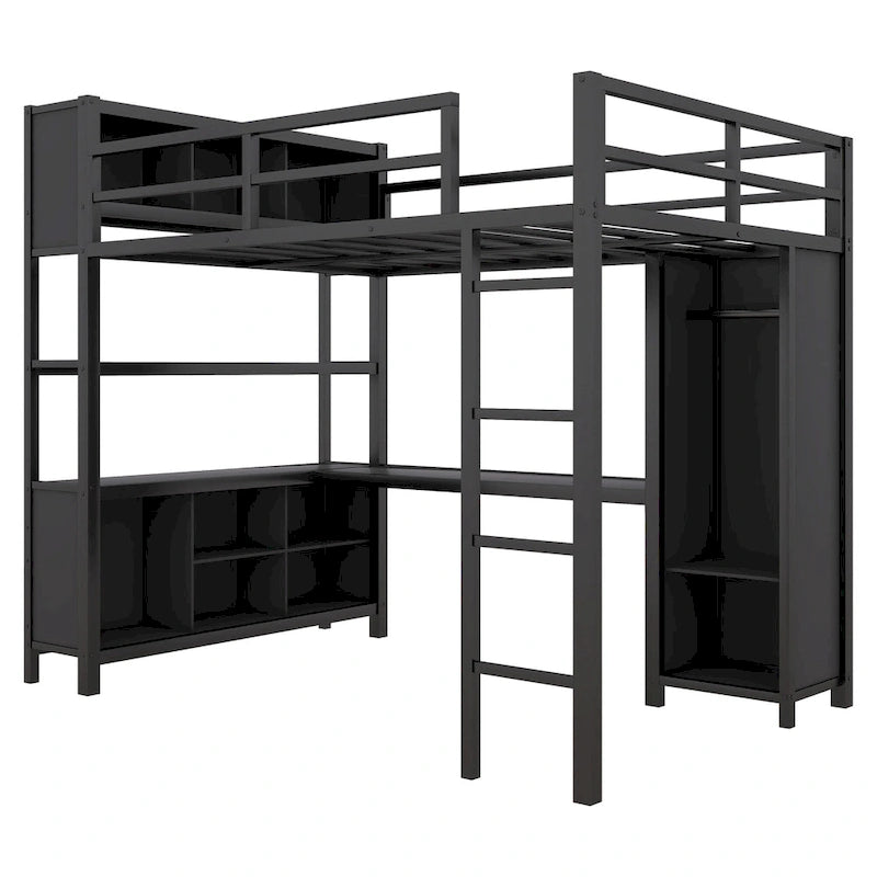 Black Full Metal Loft Bed with Wardrobe, L-Shaped Desk, Storage Cubes