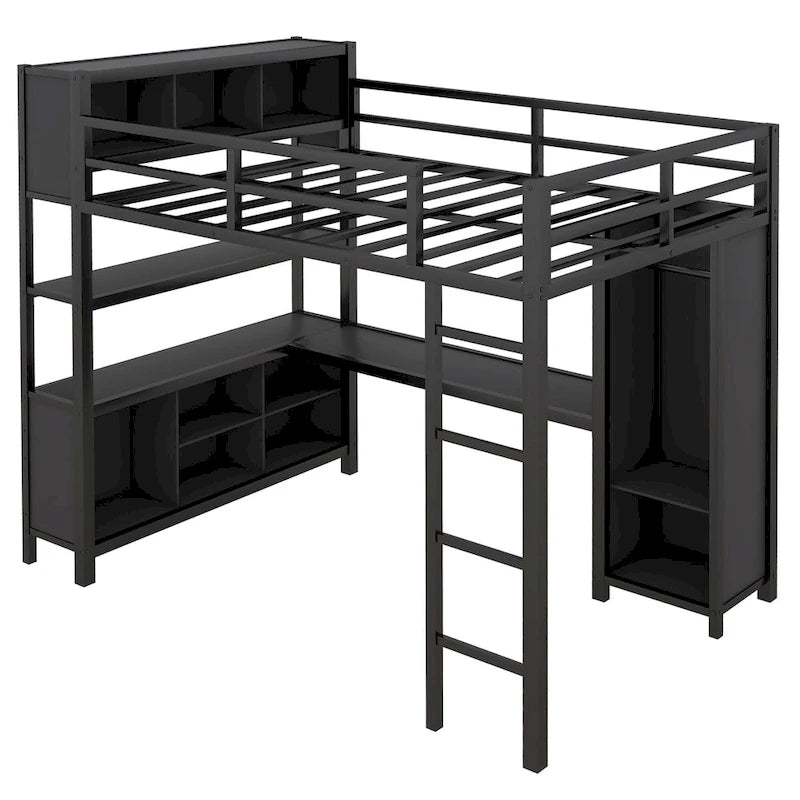 Black Full Metal Loft Bed with Wardrobe, L-Shaped Desk, Storage Cubes