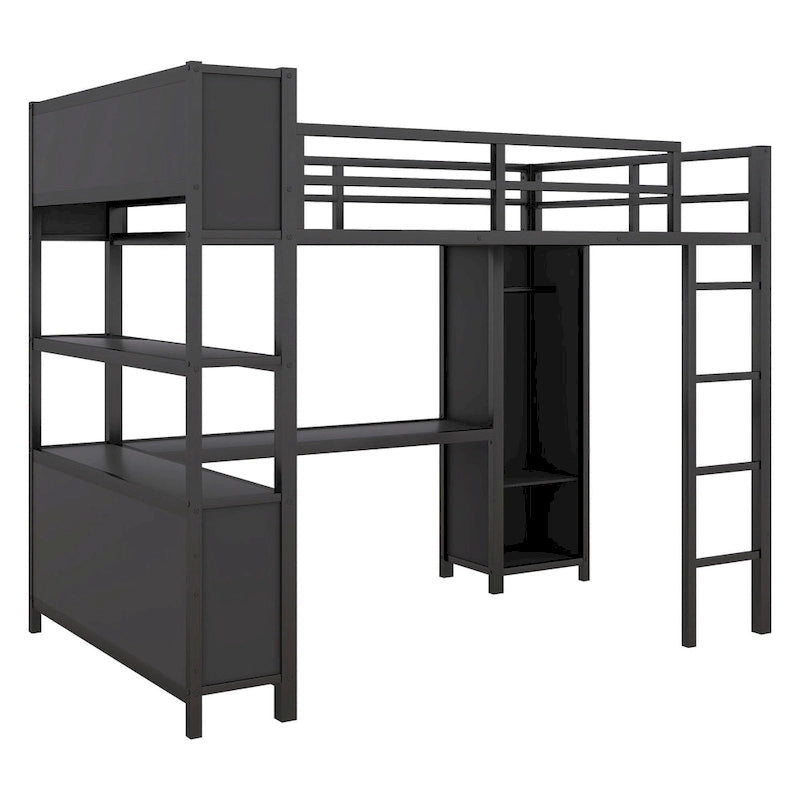 Black Full Metal Loft Bed with Wardrobe, L-Shaped Desk, Storage Cubes