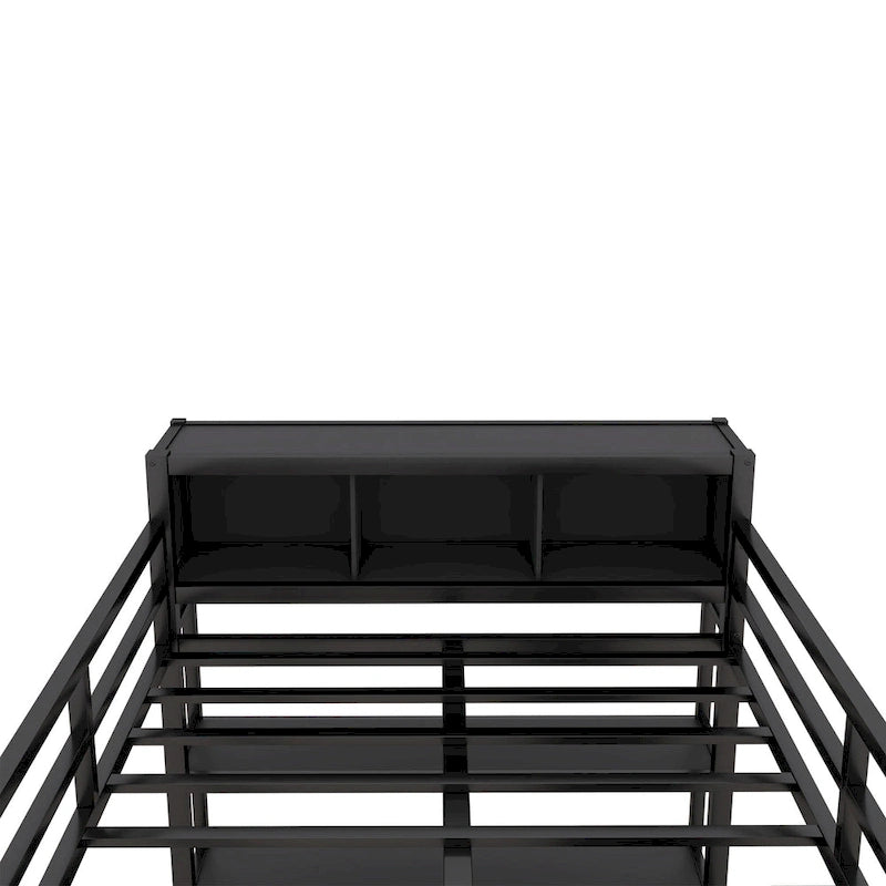 Black Full Metal Loft Bed with Wardrobe, L-Shaped Desk, Storage Cubes