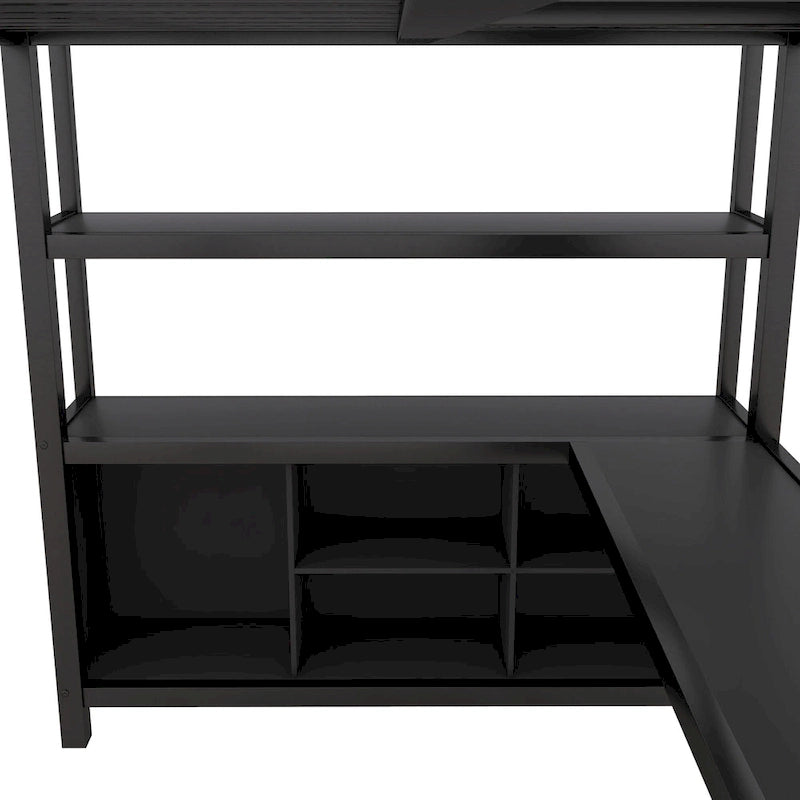 Black Full Metal Loft Bed with Wardrobe, L-Shaped Desk, Storage Cubes