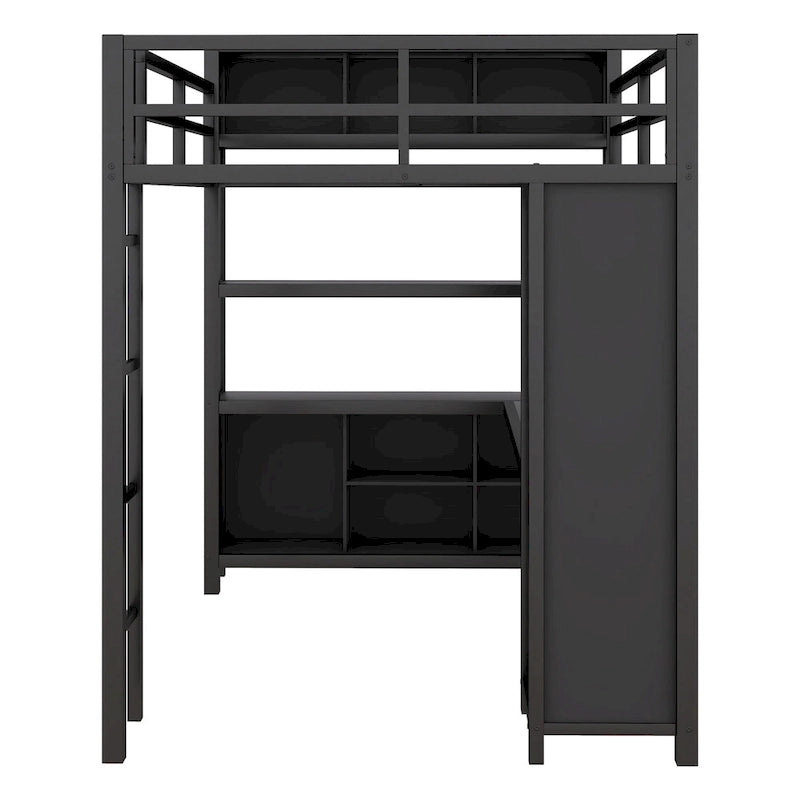 Black Full Metal Loft Bed with Wardrobe, L-Shaped Desk, Storage Cubes