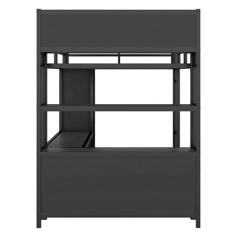 Black Full Metal Loft Bed with Wardrobe, L-Shaped Desk, Storage Cubes