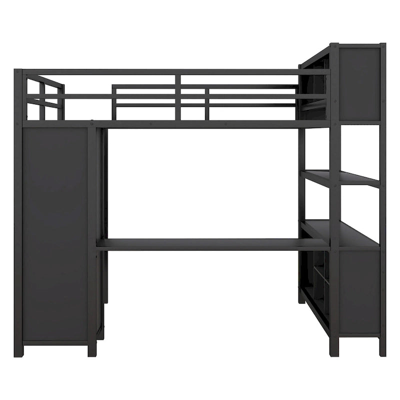 Black Full Metal Loft Bed with Wardrobe, L-Shaped Desk, Storage Cubes
