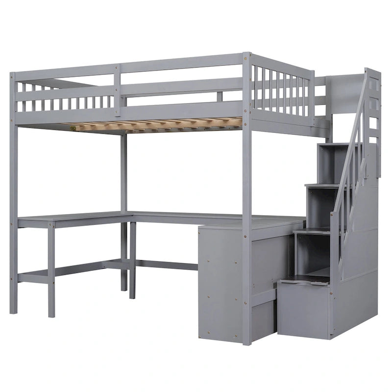 Gray Full Size Pine Wood Loft Bed with Built-in L-Shaped Desk and Three-Tier Storage Shelves, and Attached Storage Staircase