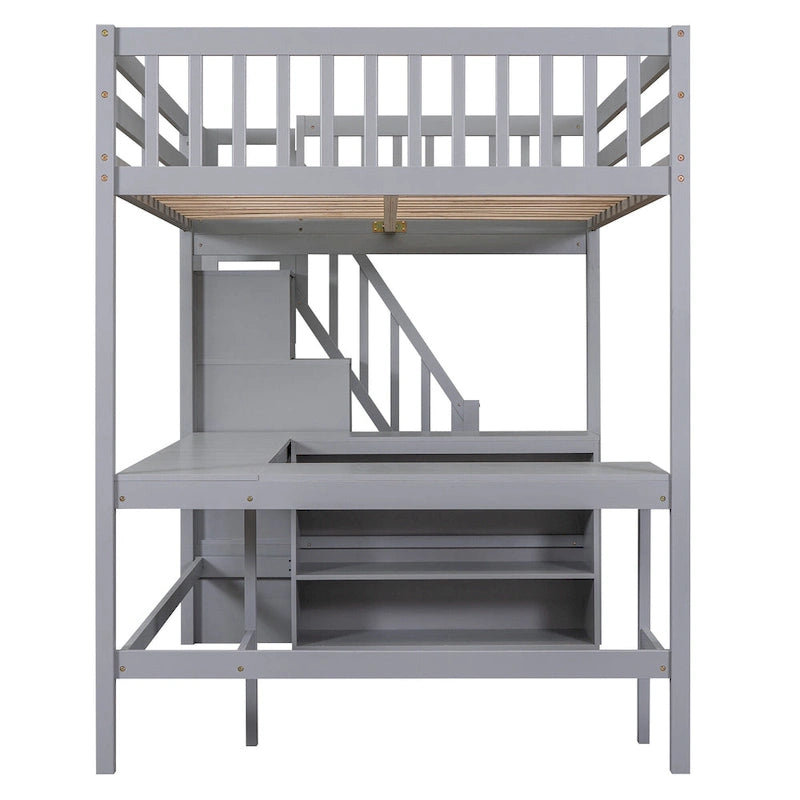Gray Full Pine Wood Loft Bed with L-Shaped Desk, Shelves, Storage Stairs