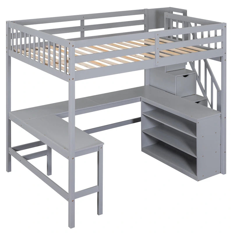 Gray Full Pine Wood Loft Bed with L-Shaped Desk, Shelves, Storage Stairs
