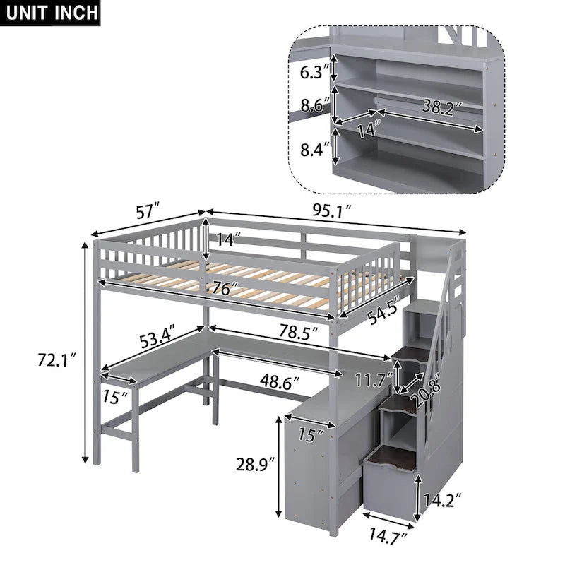 Gray Full Pine Wood Loft Bed with L-Shaped Desk, Shelves, Storage Stairs