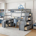 Gray Full Wood Loft Bed with Drawers, Shelves, Desk, Fence Design