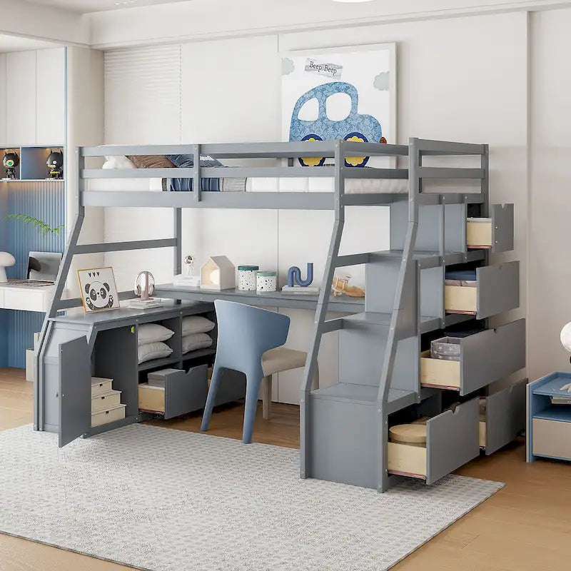 Gray Full Wood Loft Bed with Drawers, Shelves, Desk, Fence Design