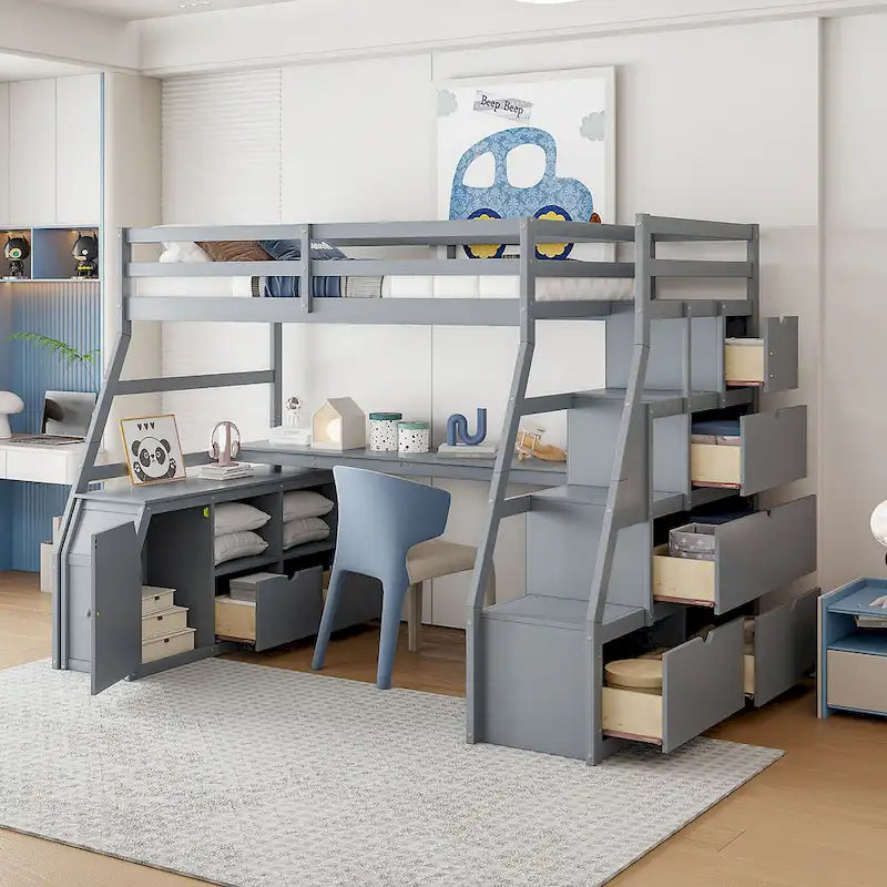 Gray Full Size Wood Loft Bed with Drawers, Shelves & Desk