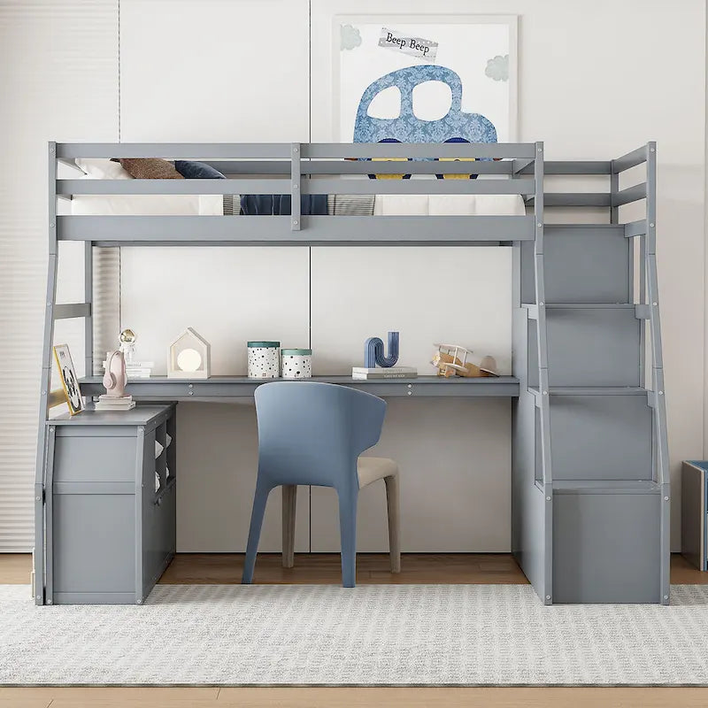 Gray Full Wood Loft Bed with Drawers, Shelves, Desk, Fence Design