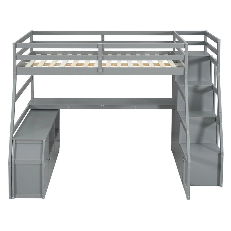 Gray Full Wood Loft Bed with Drawers, Shelves, Desk, Fence Design