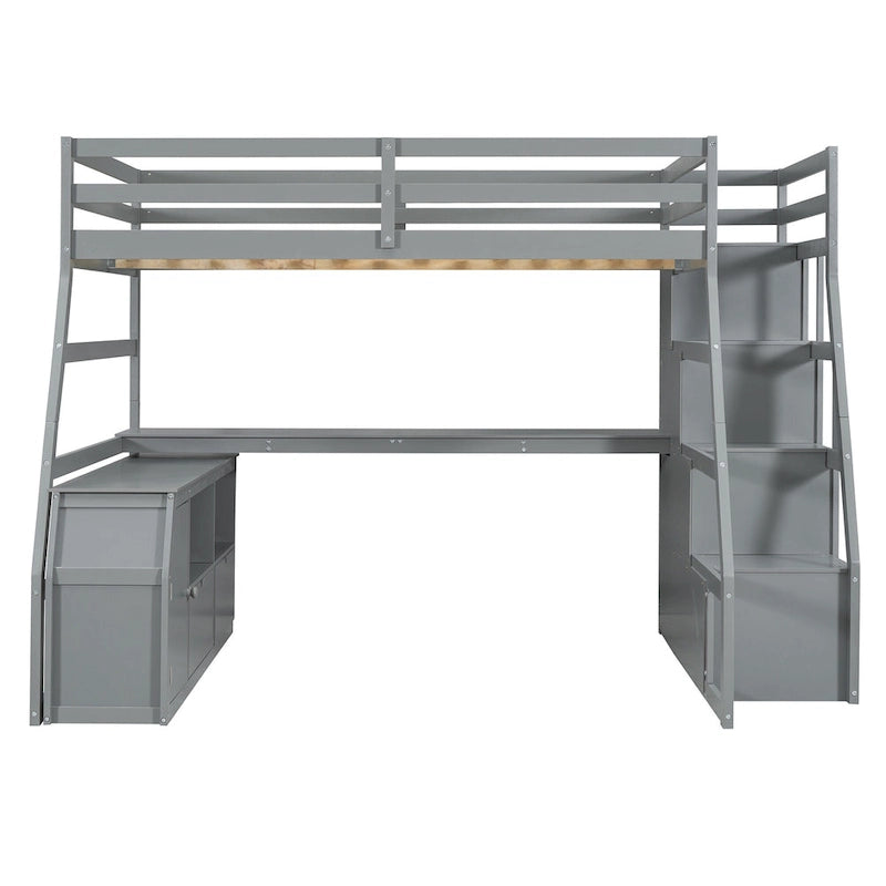 Gray Full Wood Loft Bed with Drawers, Shelves, Desk, Fence Design