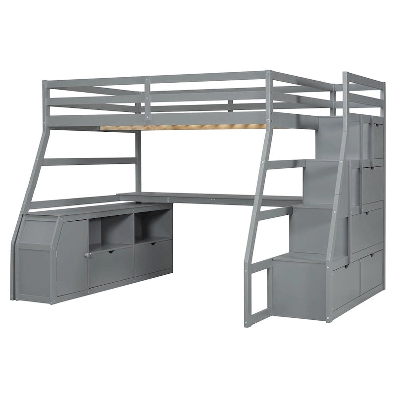 Gray Full Wood Loft Bed with Drawers, Shelves, Desk, Fence Design