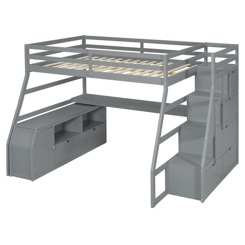 Gray Full Wood Loft Bed with Drawers, Shelves, Desk, Fence Design