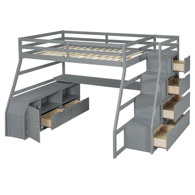 Gray Full Wood Loft Bed with Drawers, Shelves, Desk, Fence Design