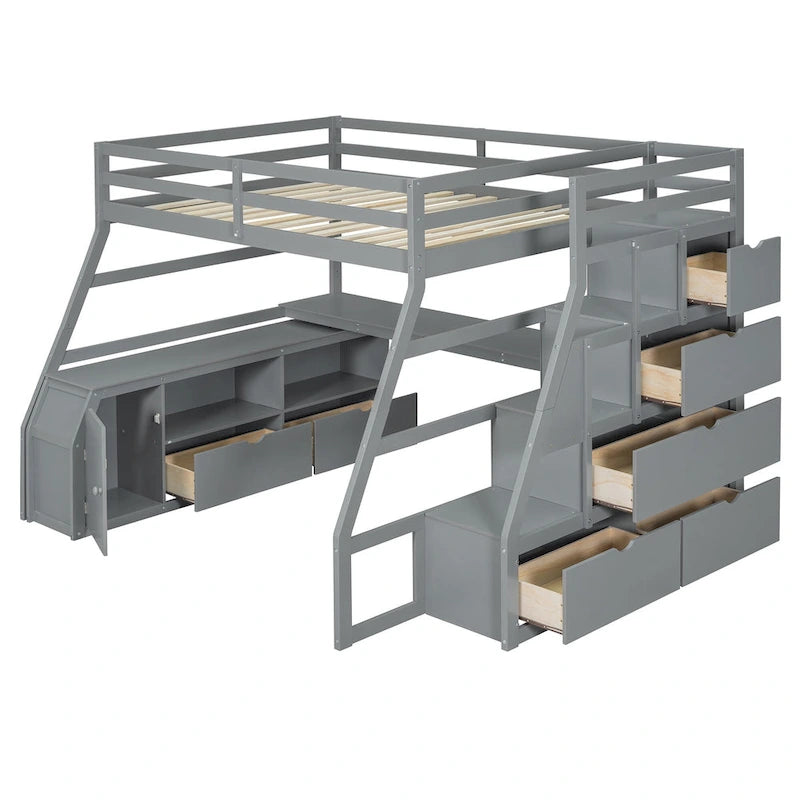 Gray Full Wood Loft Bed with Drawers, Shelves, Desk, Fence Design