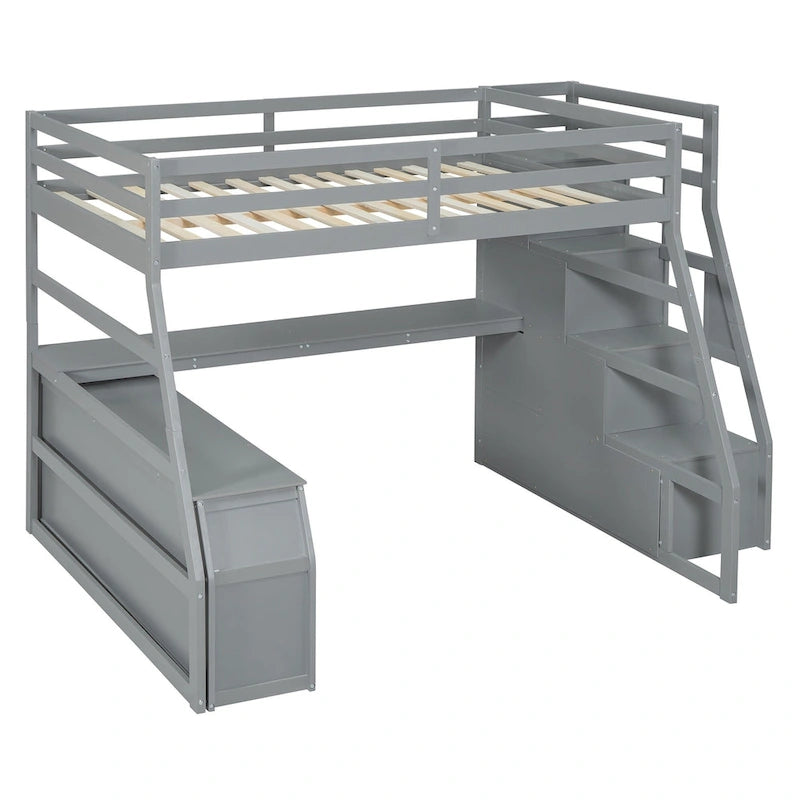 Gray Full Wood Loft Bed with Drawers, Shelves, Desk, Fence Design
